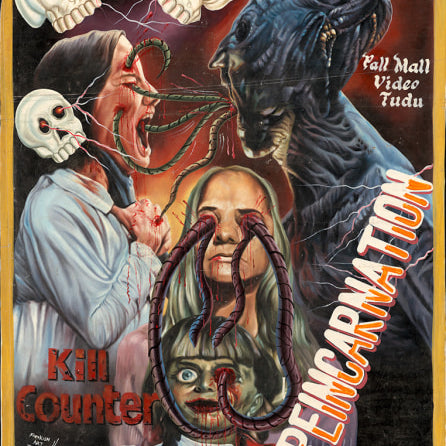 A freakish art horror collage by Deadly Prey with screaming faces, skulls, and tentacles emerging from mouths and eyes, dripping blood. Text reads Kill Counter Reincarnation and Pall Mall Video Vudu on a fiery orange background.