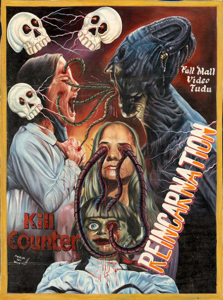 A freakish art horror collage by Deadly Prey with screaming faces, skulls, and tentacles emerging from mouths and eyes, dripping blood. Text reads Kill Counter Reincarnation and Pall Mall Video Vudu on a fiery orange background.