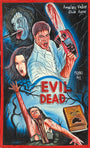 A vivid Proski Art poster for Evil Dead by Deadly Prey, with a screaming man wielding a bloody chainsaw, a terrified woman reaching up, eerie faces, twisted branches, and an ominous book—created for the Deadly Prey exhibition.