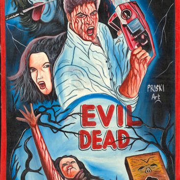 A vivid Proski Art poster for Evil Dead by Deadly Prey, with a screaming man wielding a bloody chainsaw, a terrified woman reaching up, eerie faces, twisted branches, and an ominous book—created for the Deadly Prey exhibition.