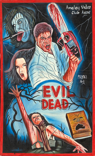 A vivid Proski Art poster for Evil Dead by Deadly Prey, with a screaming man wielding a bloody chainsaw, a terrified woman reaching up, eerie faces, twisted branches, and an ominous book—created for the Deadly Prey exhibition.