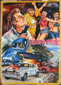 A vibrant, action-packed illustrated movie poster in Bright Obeng’s style features a man with a gun, cheering women in bright outfits, crashing cars on a winding road, and bold red text reading DEADLY PREY at the center.