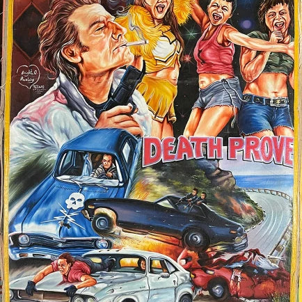 A vibrant, action-packed illustrated movie poster in Bright Obeng’s style features a man with a gun, cheering women in bright outfits, crashing cars on a winding road, and bold red text reading DEADLY PREY at the center.