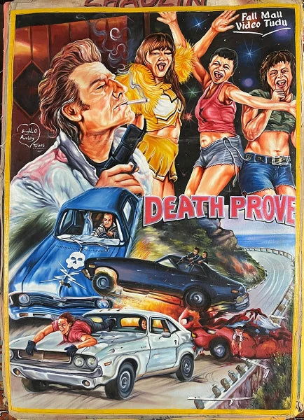 A vibrant, action-packed illustrated movie poster in Bright Obeng’s style features a man with a gun, cheering women in bright outfits, crashing cars on a winding road, and bold red text reading DEADLY PREY at the center.