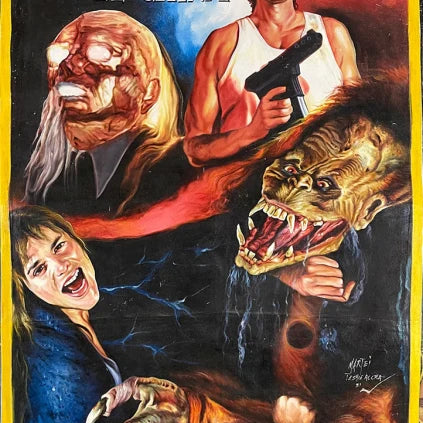 A colorful, painted Big Trouble in Little China movie poster by H.K. Mathias for Deadly Prey features a man with a gun, an old man with white hair and nails, a snarling monster, and a frightened woman in bold white and yellow text.