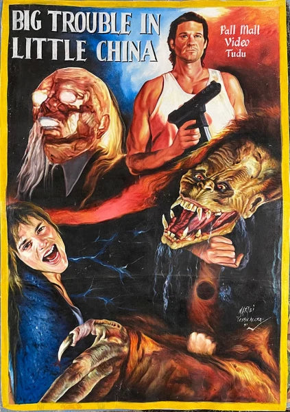 A colorful, painted Big Trouble in Little China movie poster by H.K. Mathias for Deadly Prey features a man with a gun, an old man with white hair and nails, a snarling monster, and a frightened woman in bold white and yellow text.
