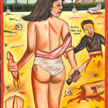 A painted Deadly Prey movie poster shows a woman wielding a bloodied knife and holding a severed hand, standing in a sandy landscape with dismembered body parts. "I Spit On Your Grave" is boldly displayed at the top.