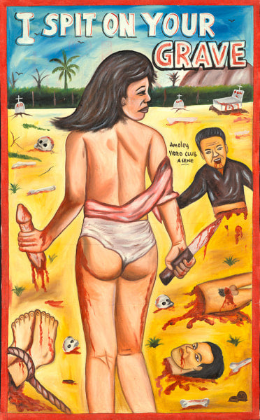 A painted Deadly Prey movie poster shows a woman wielding a bloodied knife and holding a severed hand, standing in a sandy landscape with dismembered body parts. "I Spit On Your Grave" is boldly displayed at the top.