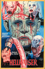 Vivid Hellraiser artwork by Deadly Prey—features a pale, pin-headed face, monstrous figures, blood splatters, and a bold red HELLRAISER title. Slogan: Demon to some. Angel to others. A striking piece for the true horror fan.