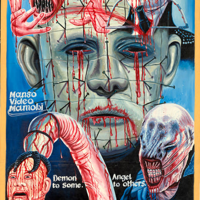 Vivid Hellraiser artwork by Deadly Prey—features a pale, pin-headed face, monstrous figures, blood splatters, and a bold red HELLRAISER title. Slogan: Demon to some. Angel to others. A striking piece for the true horror fan.