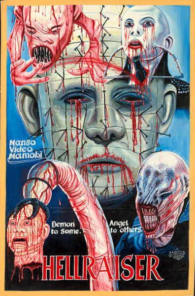Vivid Hellraiser artwork by Deadly Prey—features a pale, pin-headed face, monstrous figures, blood splatters, and a bold red HELLRAISER title. Slogan: Demon to some. Angel to others. A striking piece for the true horror fan.