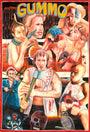 A surreal, bloody illustrated poster by Deadly Prey for “Gummo,” featuring violent figures, topless characters, blood, a skull, an owl, and the movie’s bold yellow title across the top.