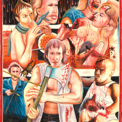 A surreal, bloody illustrated poster by Deadly Prey for “Gummo,” featuring violent figures, topless characters, blood, a skull, an owl, and the movie’s bold yellow title across the top.