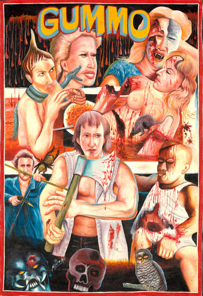 A surreal, bloody illustrated poster by Deadly Prey for “Gummo,” featuring violent figures, topless characters, blood, a skull, an owl, and the movie’s bold yellow title across the top.