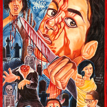 A vintage-style Deadly Prey horror poster, inspired by Gore Whore, features a bloodied woman with a large knife among skeletons and screaming faces. Bold red splatters make it a striking addition for any fan of the genre.