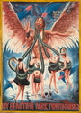 A surreal Deadly Prey painting shows a winged creature with snake arms devouring four ballerinas in black dresses, a skull below. "Call Mall Video Club" appears at the top right. Featured in the Deadly Prey exhibition.