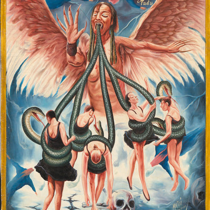 A surreal Deadly Prey painting shows a winged creature with snake arms devouring four ballerinas in black dresses, a skull below. "Call Mall Video Club" appears at the top right. Featured in the Deadly Prey exhibition.