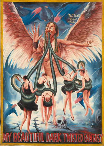 A surreal Deadly Prey painting shows a winged creature with snake arms devouring four ballerinas in black dresses, a skull below. "Call Mall Video Club" appears at the top right. Featured in the Deadly Prey exhibition.