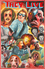 A vibrant Deadly Prey poster for “They Live” features a shotgun-wielding man in sunglasses, monstrous aliens, explosions, and chaos against fiery colors, with THEY LIVE blazing across the top.