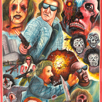A vibrant Deadly Prey poster for “They Live” features a shotgun-wielding man in sunglasses, monstrous aliens, explosions, and chaos against fiery colors, with THEY LIVE blazing across the top.