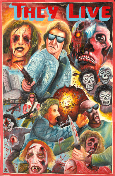 A vibrant Deadly Prey poster for “They Live” features a shotgun-wielding man in sunglasses, monstrous aliens, explosions, and chaos against fiery colors, with THEY LIVE blazing across the top.