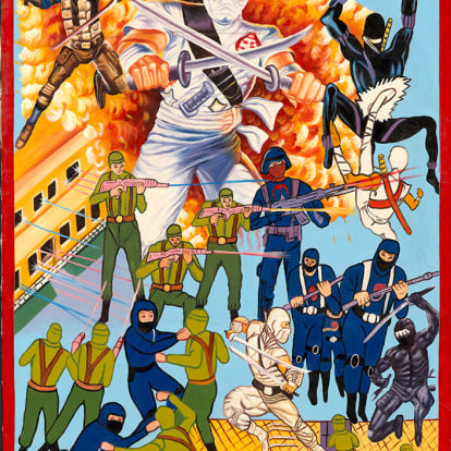 Vibrant Deadly Prey poster featuring G.I. Joe characters in dynamic action poses with an explosive backdrop, echoing the energetic art seen at Harman Projects Spoke Art exhibition. Includes title and Peace Video Club logo in the design.