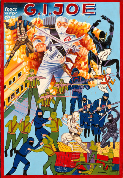 Vibrant Deadly Prey poster featuring G.I. Joe characters in dynamic action poses with an explosive backdrop, echoing the energetic art seen at Harman Projects Spoke Art exhibition. Includes title and Peace Video Club logo in the design.
