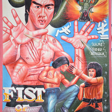 Colorful illustrated Deadly Prey poster of Bruce Lee with oversized hands battling two foes, a green dragon breathing fire above. Oil and enamel art style, features "Bruce Lee, Fist of Fury" and white Chinese text.