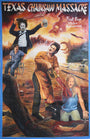 A Deadly Prey horror movie poster for Texas Chainsaw Massacre showcases Stoger art: a chainsaw-wielding man attacking a woman, a wheelchair-bound figure, and a masked person with a skull against a fiery, chaotic background.
