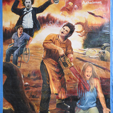 A Deadly Prey horror movie poster for Texas Chainsaw Massacre showcases Stoger art: a chainsaw-wielding man attacking a woman, a wheelchair-bound figure, and a masked person with a skull against a fiery, chaotic background.