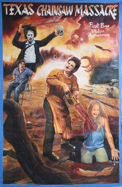 A Deadly Prey horror movie poster for Texas Chainsaw Massacre showcases Stoger art: a chainsaw-wielding man attacking a woman, a wheelchair-bound figure, and a masked person with a skull against a fiery, chaotic background.