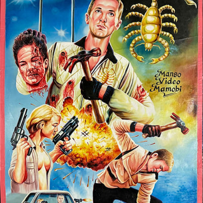 A vibrant Deadly Prey movie poster for Drive shows a man with a hammer, guns blazing, explosions, a car chase, a giant scorpion, and severed heads—all in bold, dramatic colors and action-packed scenes.