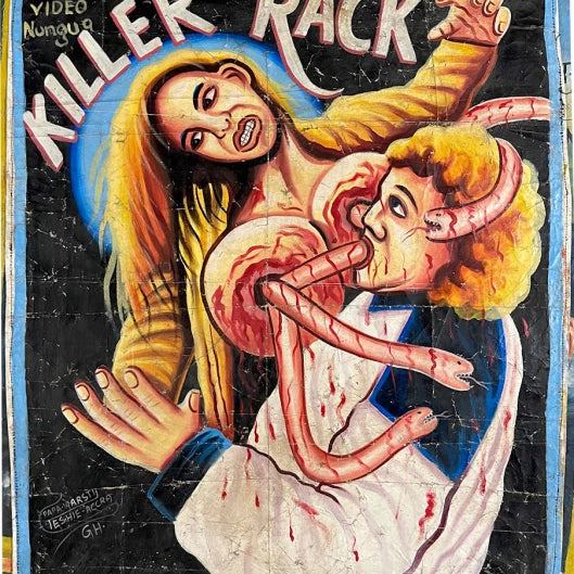 A bold Deadly Prey poster features a woman holding a man with worms, capturing an intense and suspenseful vibe.