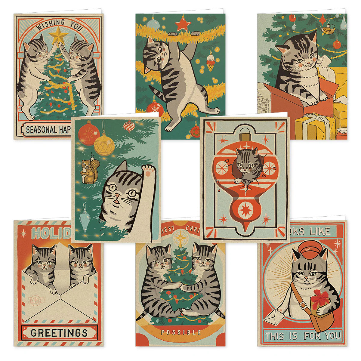 A set of eight vintage-style cat Christmas cards by Arna Miller, featuring playful tabby cats with ornaments, gifts, and festive décor in warm red, green, and cream tones—perfect blank greeting cards for the holidays.