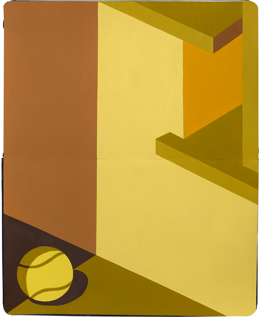 Painting in an open face Moleskine depicting a tennis ball near the base of some stairs in various warm yellow tones