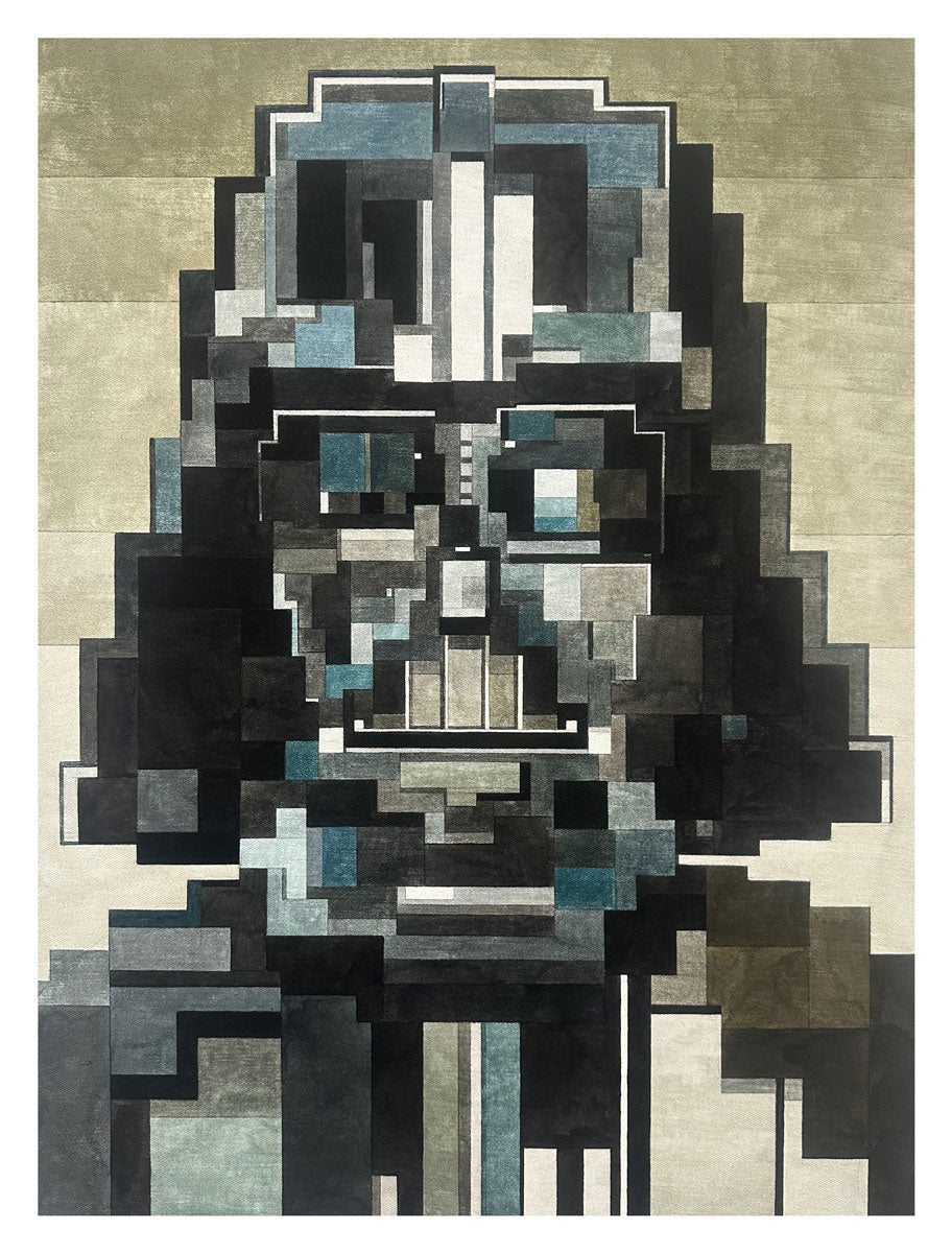 A pixelated, abstract Darth Vader portrait in Adam Lister's watercolor style by Spoke Art, featuring geometric shapes in black, gray, blue, and white on a neutral background.