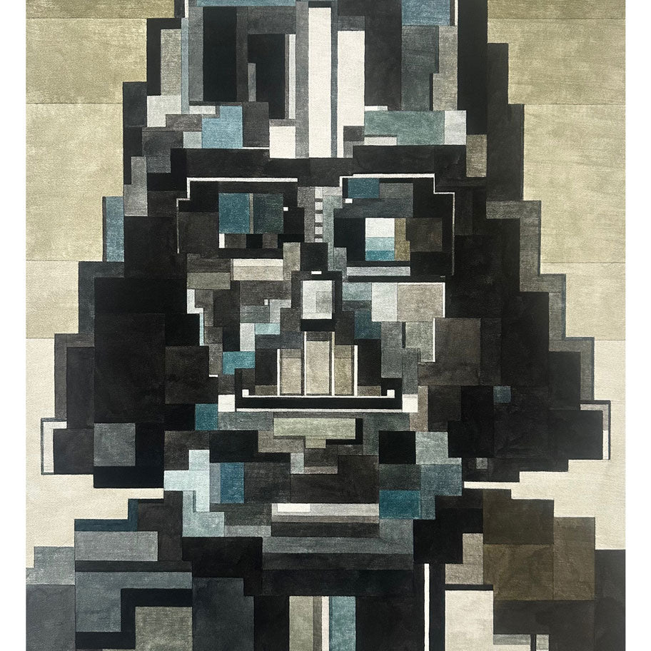A pixelated, abstract Darth Vader portrait in Adam Lister's watercolor style by Spoke Art, featuring geometric shapes in black, gray, blue, and white on a neutral background.