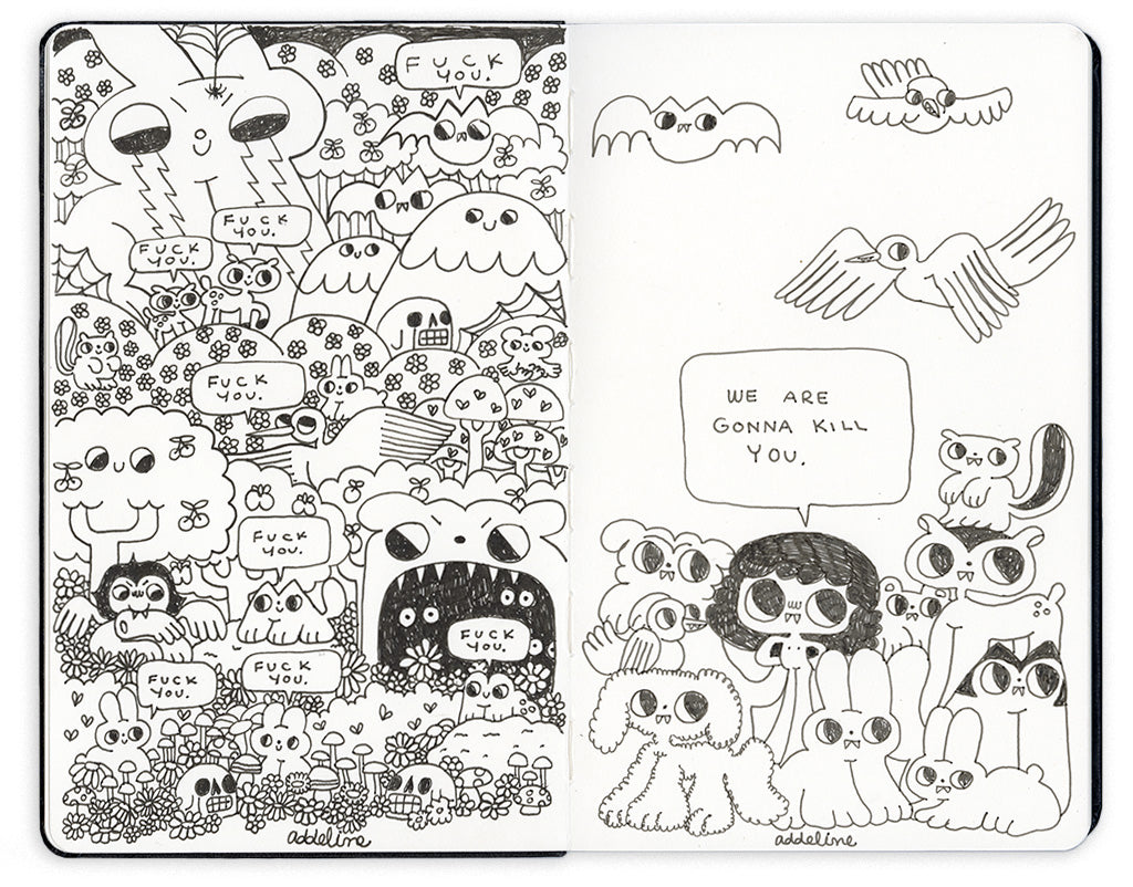 Open face Moleskine notebook filled with various doodle-like drawings, with various characters saying "Fuck You." and another figure saying "We Are Gonna Kill You" by artist Burger Babie