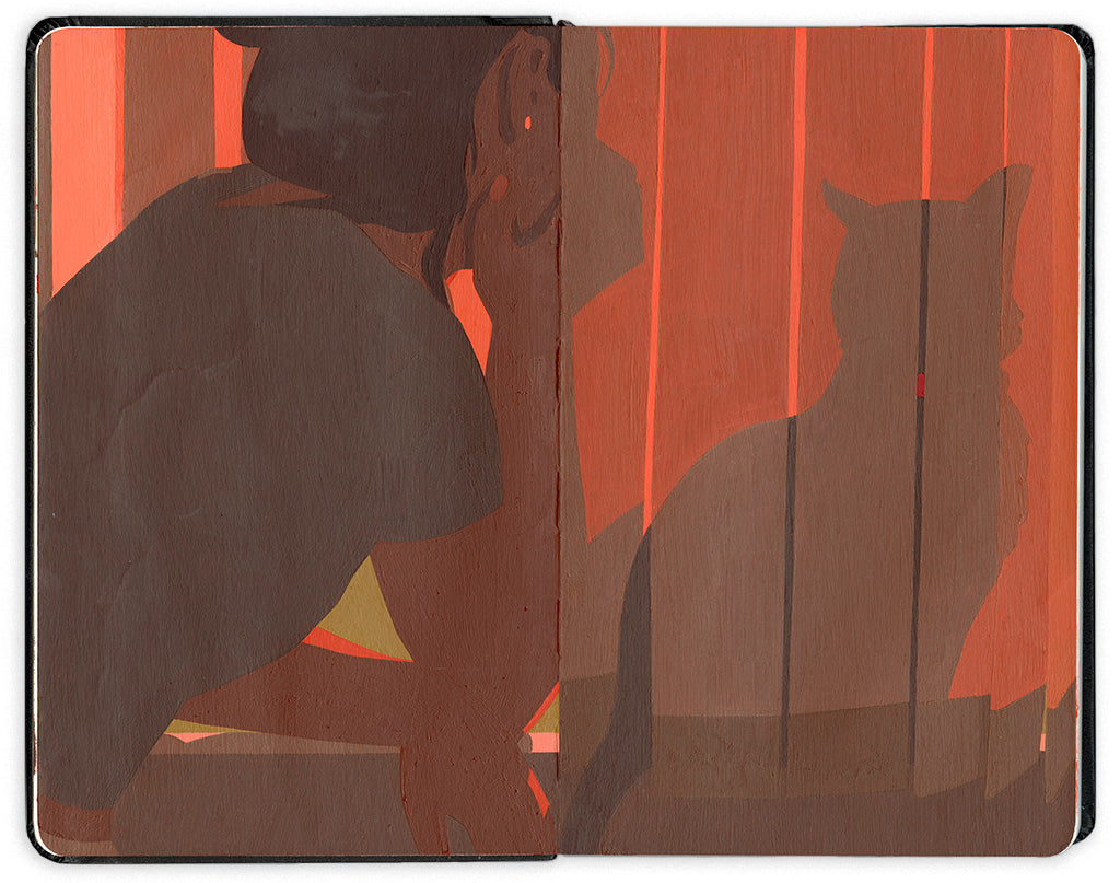 Painting on an open Moleskine notebook of a woman looking out a window, with her face resting in her palm, besides her obscured by blinds is the silhouette of a cat by artist Adrian Kay Wong