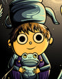A digital print illustration of a young person with wide eyes wearing a teapot as a hat and holding a frog, in the style of Jesse Reiners.