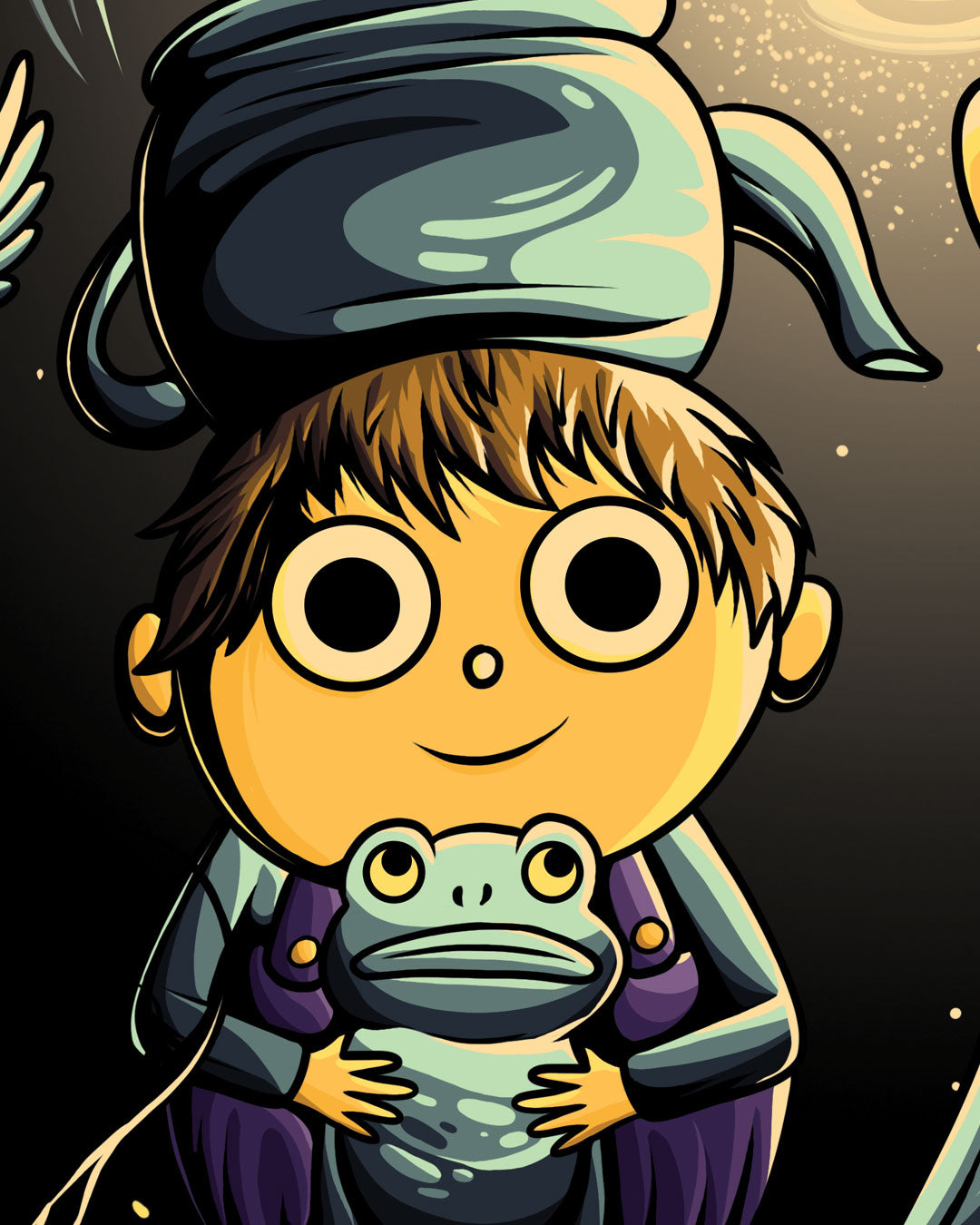 A digital print illustration of a young person with wide eyes wearing a teapot as a hat and holding a frog, in the style of Jesse Reiners.