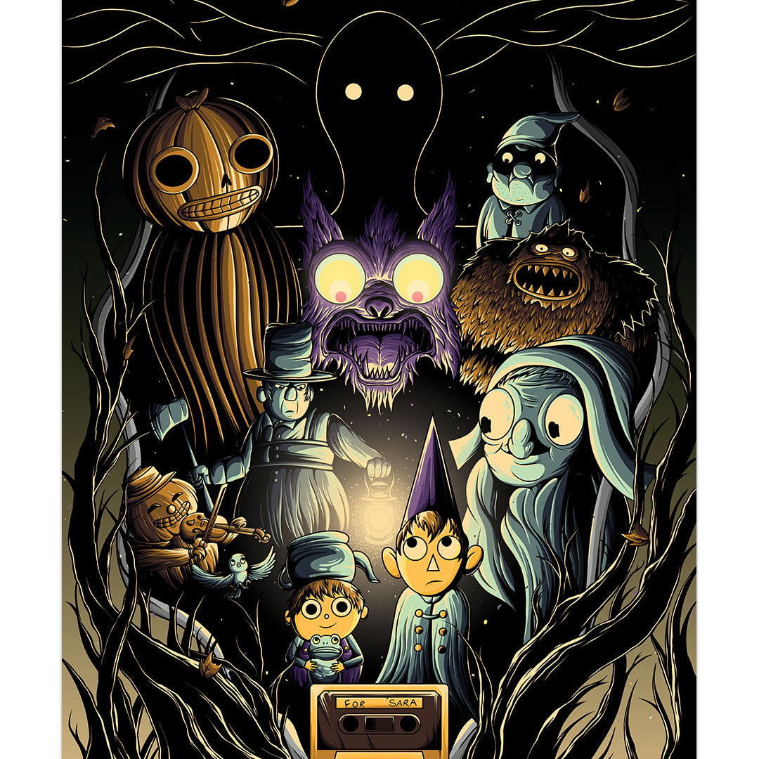 A Jesse Reiners digital print illustration of Wirt and Greg from Over the Garden Wall surrounding a cassette tape labeled For Sara against a dark forest backdrop.
