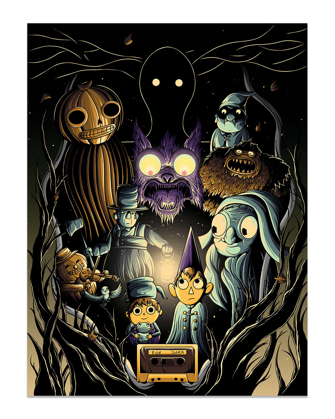 A Jesse Reiners digital print illustration of Wirt and Greg from Over the Garden Wall surrounding a cassette tape labeled For Sara against a dark forest backdrop.