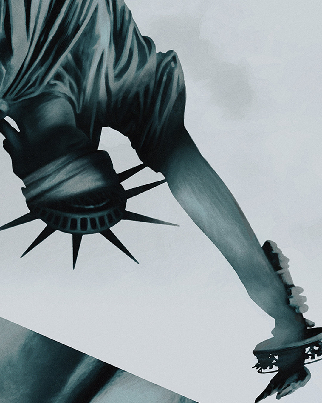 Close up of Aleksander Walijewski monochromatic screen print features the Statue of Liberty upside down against a geometric shape, with The Brutalist stylishly at the corners and actors names and director elegantly listed on the right.