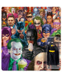 A vibrant collage of Batman heroes and villains from movies and TV enjoying ice cream, featuring a boxed Batman resin figure inspired by Alex Gross’s hand-painted art toy style in the lower right corner. Brand Name: Alex Gross.