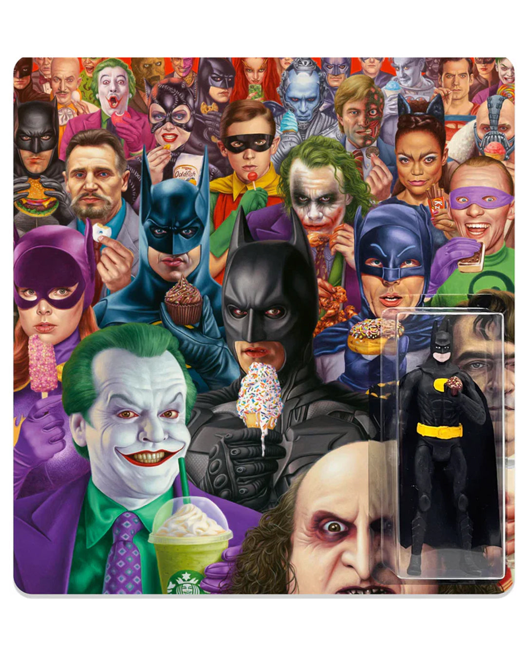 A vibrant collage of Batman heroes and villains from movies and TV enjoying ice cream, featuring a boxed Batman resin figure inspired by Alex Gross’s hand-painted art toy style in the lower right corner. Brand Name: Alex Gross.