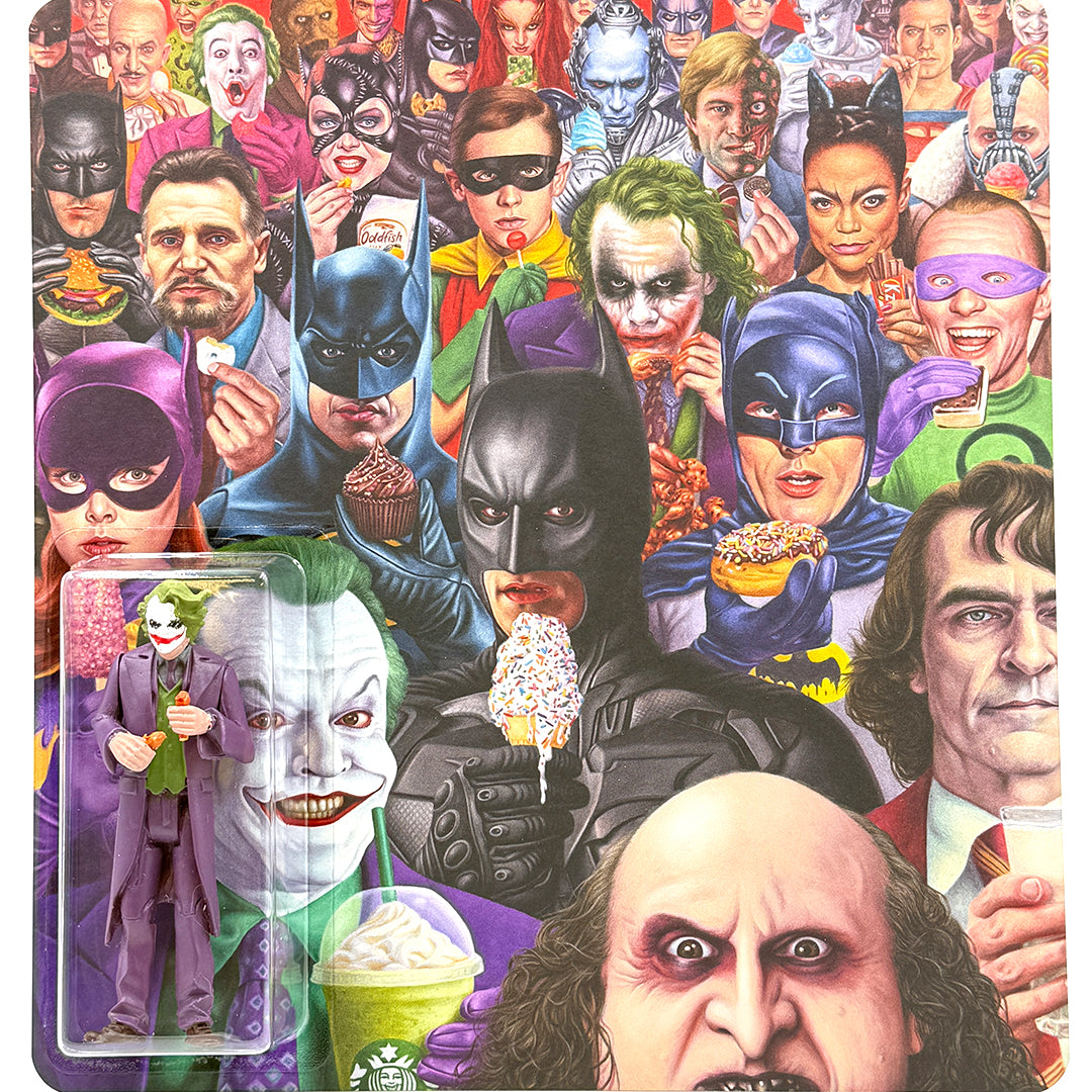 A colorful Alex Gross-style illustration shows Batman heroes and villains eating cupcakes and ice cream, with Batman, Joker, Catwoman, Penguin, and more in front—plus a hand-signed Joker resin figure holding a drink and donut. Brand: Alex Gross.