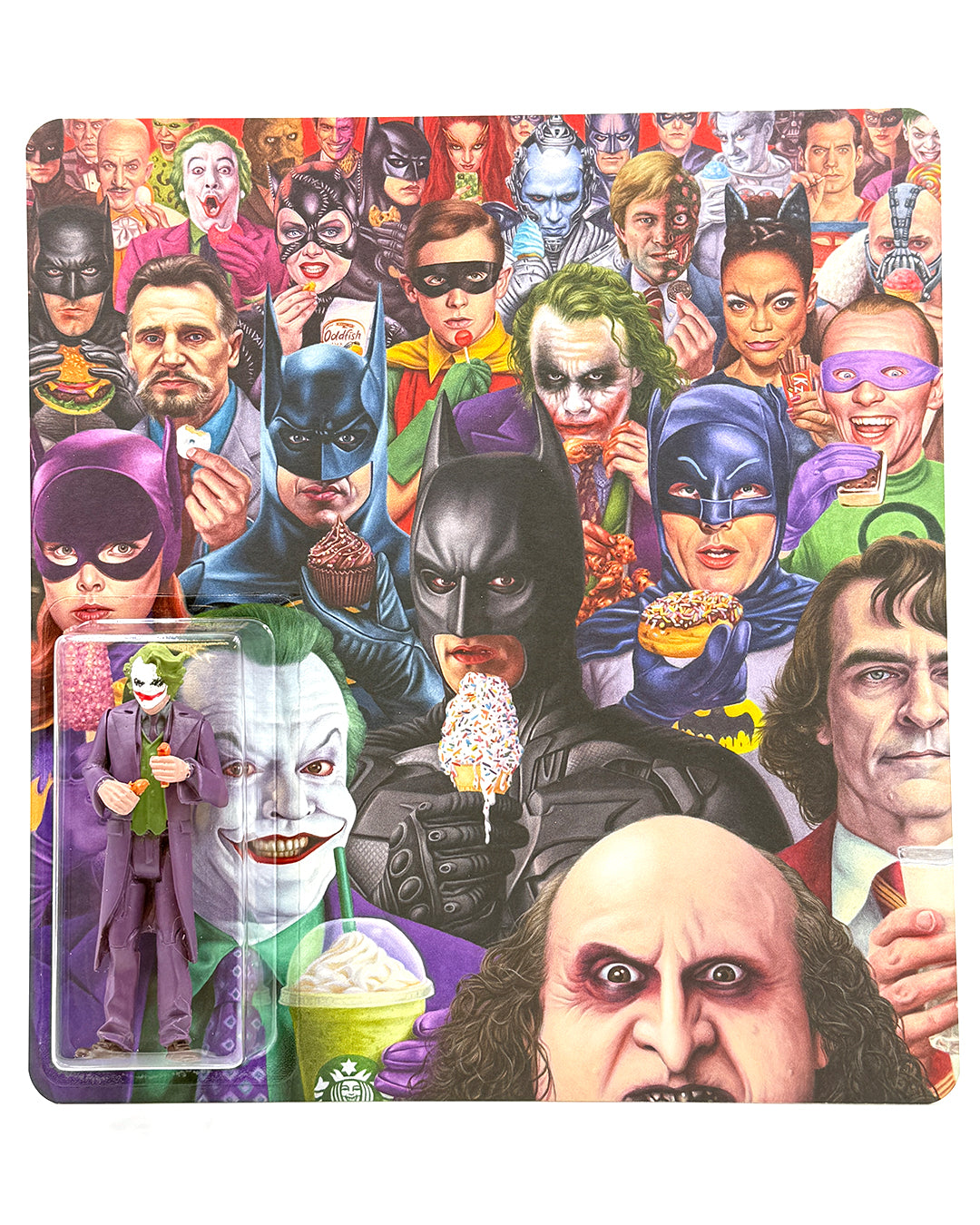 A colorful Alex Gross-style illustration shows Batman heroes and villains eating cupcakes and ice cream, with Batman, Joker, Catwoman, Penguin, and more in front—plus a hand-signed Joker resin figure holding a drink and donut. Brand: Alex Gross.