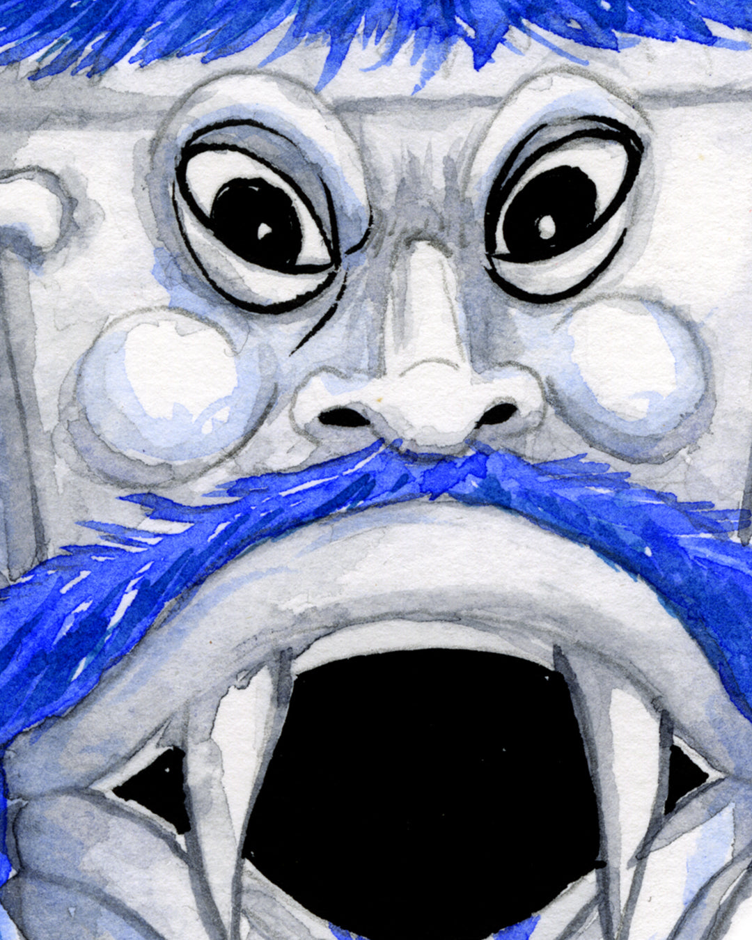 Close up of an evil toilet illustration with eyes, an open mouth, and blue furry eyebrows, mustache, and beard spills blue liquid on the floor. A small roll of toilet paper is nearby. This whimsical piece captures the vibrant style of Alex Pardee in archival pigment prints produced by the artist Alex Pardee.