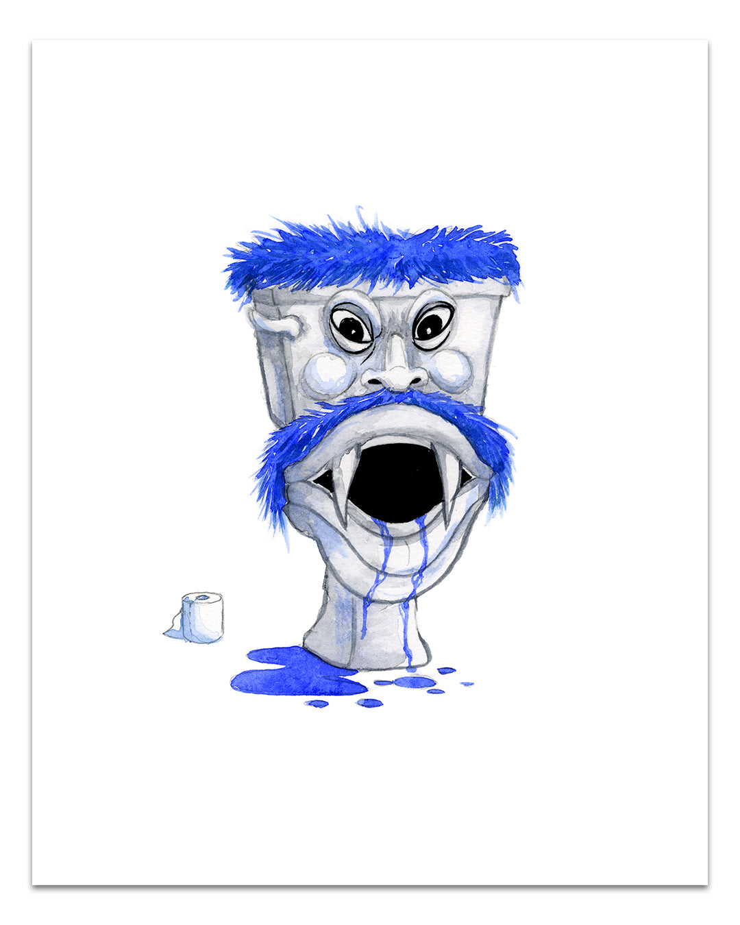 An evil toilet illustration with eyes, an open mouth, and blue furry eyebrows, mustache, and beard spills blue liquid on the floor. A small roll of toilet paper is nearby. This whimsical piece captures the vibrant style of Alex Pardee in archival pigment prints produced by the brand named Alex Pardee.